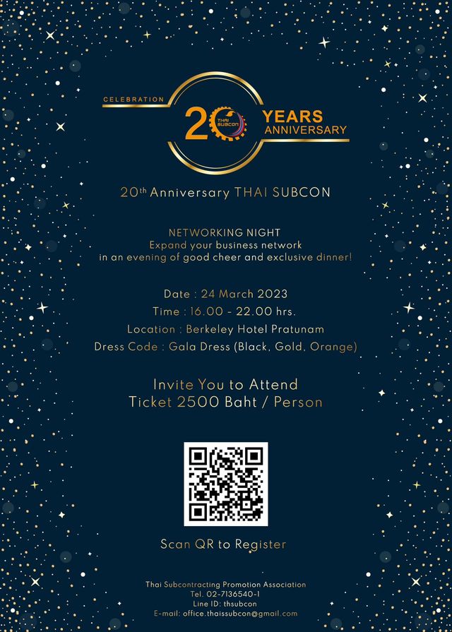 ขอเชิญสมาชิก THAI SUBCON และหน่วยงานพันธมิตร   ร่วมเป็นเกียรติในงานฉลองครบรอบ 20 ปี ของเรา   "THAI SUBCON 20 YEARS ANNIVERSARY"
