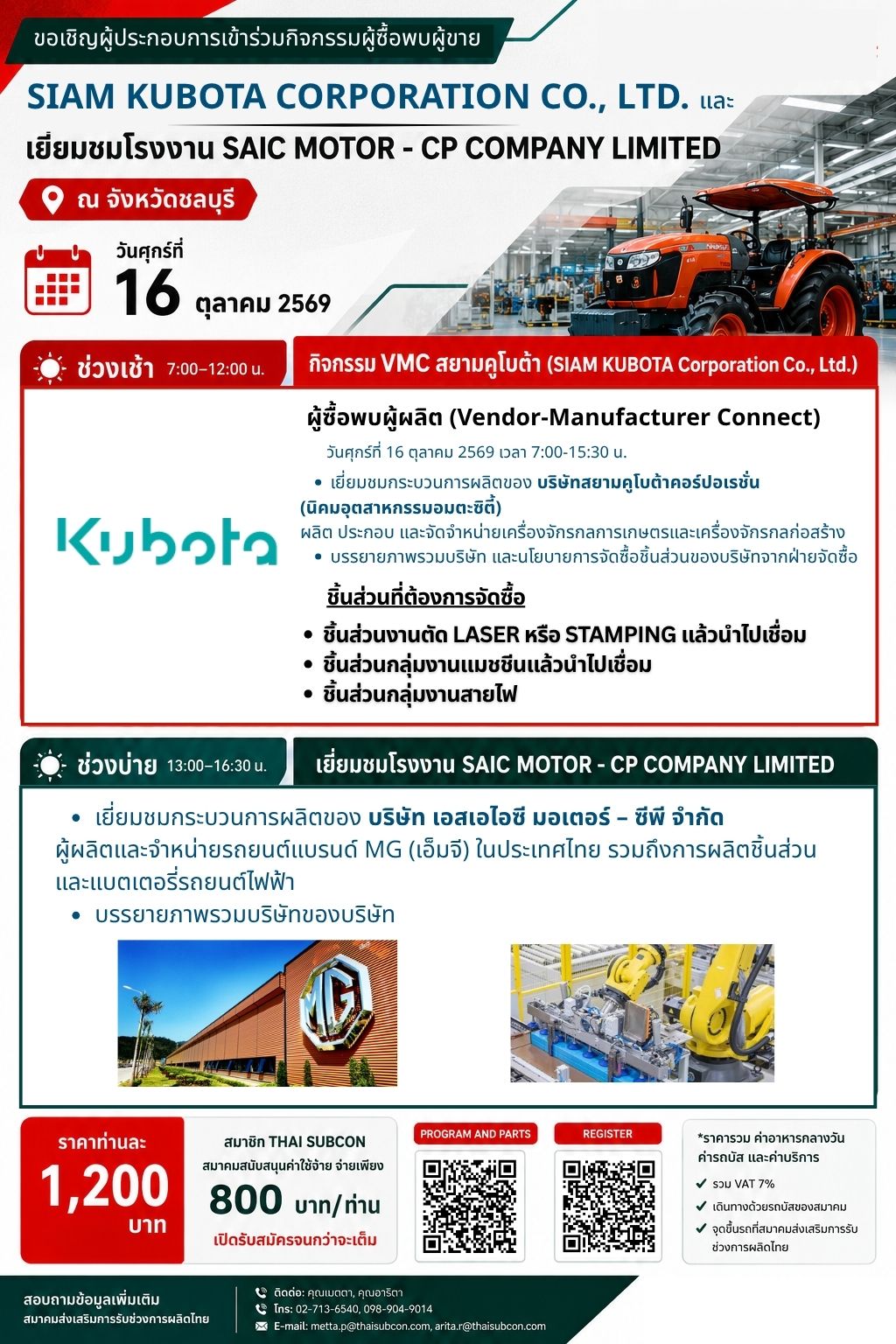 กิจกรรมผู้ซื้อพบผู้ขาย SIAM KUBOTA CORPORATION CO.,LTD. และกิจกรรมเยี่ยมชมโรงงาน SAIC MOTOR-CP CO., LTD.