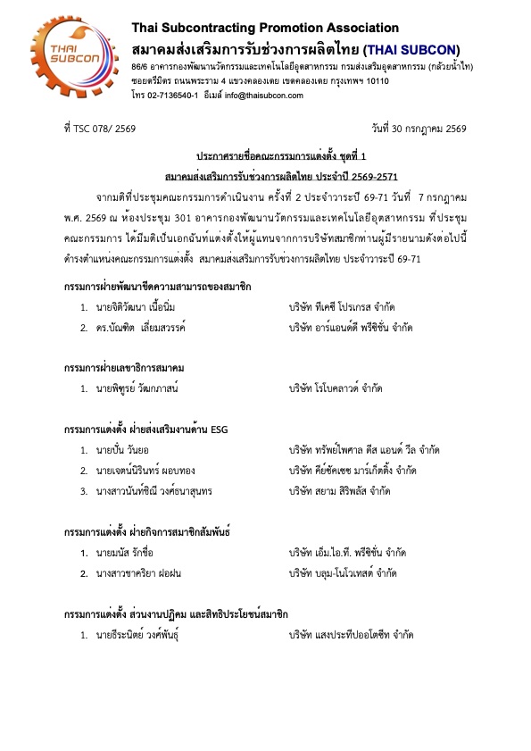 ประกาศแต่งตั้งคณะกรรมการแต่งตั้ง ชุดที่ 1 ประจำวาระปี 2569–2571